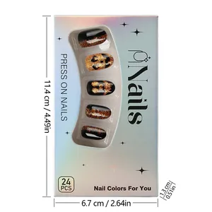 Detailed set of 24 Halloween press-on nails with black pumpkin and glitter in a display box