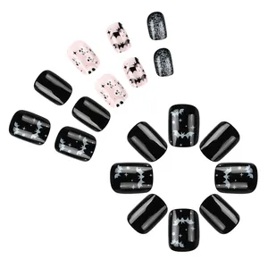 Short glossy Halloween press-on nails featuring bats and ghosts patterns set of 24