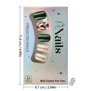 Front view of 24pcs Christmas press-on nails set in iridescent box packaging