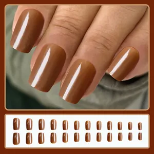 Kit de faux ongles brillants marron caramel pour mains et pieds de forme carrée-ovale