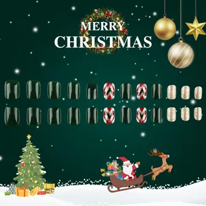 24-piece Christmas press-on nails set in dark green with golden glitter and V-patterns