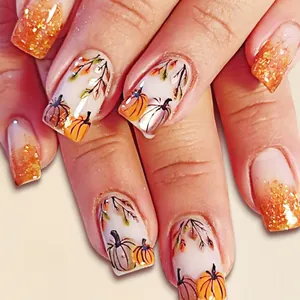 Short Square Glossy Press On Nails Autumn Pumpkin Maple Leaf Orange Glitter Gradient Artificial Nails for Women Jewelry