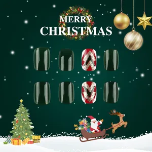 Detail of glossy dark green Christmas press-on nails with red white glitter stripes
