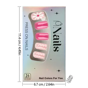 Detailed view of pink floral press-on nail packaging with precise dimension markings