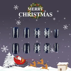 Short dark blue glitter press-on nails with white snowflake patterns and Christmas theme