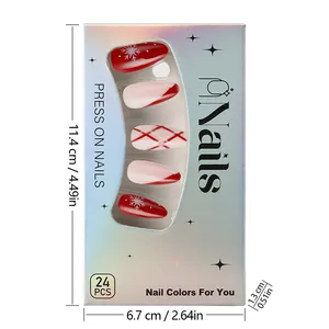 Short glossy French Christmas press-on nails with red snowflakes and white patterns
