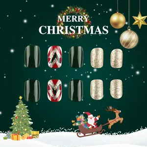 Short round dark green Christmas false nails with gold glitter and holiday tree patterns