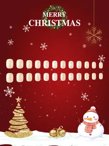 Detailed view of 24pcs Christmas press-on nails with snowflakes and white stripes design