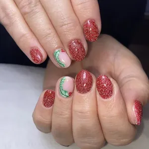 Christmas Short Glossy Glitter Press On Nails Red Light Pink Holly Leaves Green Berries Stars Design Holiday Fake Nails