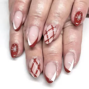 Christmas Press On Nails Red White Snowflake Plaid French Almond Shape Glossy Artificial Fake Nails For Women Holiday Party