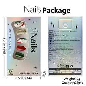 Short glossy French Christmas press-on nails with red green festive leaf and flower patterns