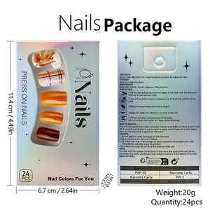Short square press-on nail kit with autumn maple patterns and red-green plaid design
