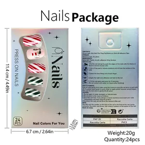 Faux ongles ovales de Noël courts avec rayures rouges vertes et paillettes 24pcs