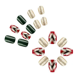 Short glossy dark green Christmas press-on nails set with gold glitter and tree patterns