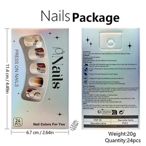 Short glossy brown press on nails kit with leaf patterns, glitter, and gradient finish