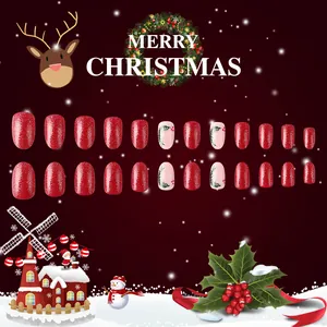 Close-up of glitter red and white leaf pattern Christmas press-on nails set