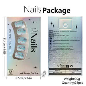 Short square fake nails with blue candy cane design and detailed packaging dimensions