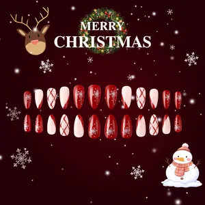 Detail of 24pcs Christmas press-on nails with red white snowflake and plaid patterns