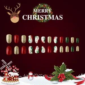 Detailed set of 24 Christmas press-on nails featuring festive red, green and gold designs