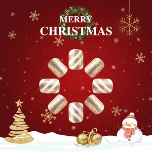Short glitter Christmas press-on nails with gold sequins and white stripe designs
