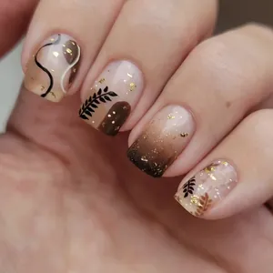 Short Press On Nails Autumn Leaf Coffee Brown Gradient Gold Foil Glitter Ins Style Square Fake Nails For Women Daily Jewelry