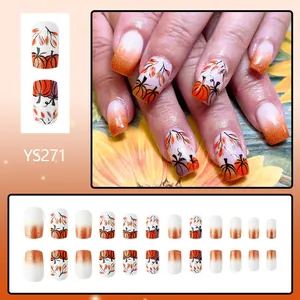 Halloween pumpkin and gold leaf press-on nail kit with orange glitter gradient, 24pcs set