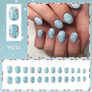 Short square blue Christmas press-on nails featuring cute candy cane holiday designs