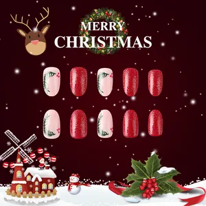 Short Christmas press-on nails with red glitter and holly leaf hand-painted designs