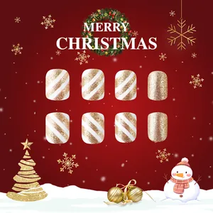 Short Christmas fake nails with glitter and gold stripe snowflake festive patterns