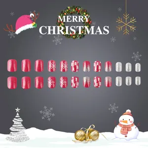 Short glossy square press-on nails set with red Christmas tree and white snowflake designs