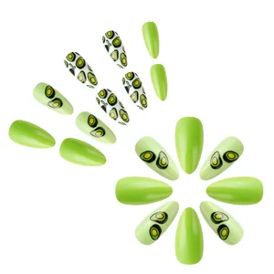 Glossy avocado green almond shaped press-on nails with 24 pieces floral print set