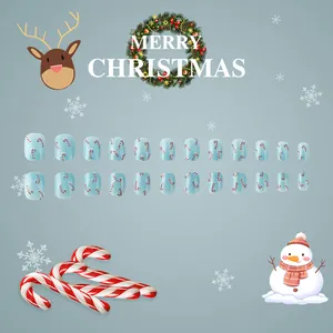 Short square light blue Christmas press-on nails with candy cane patterns and 24 pieces