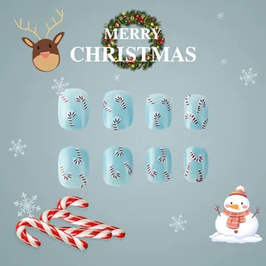 Short square light blue Christmas press-on nails with candy cane patterns for holiday decor