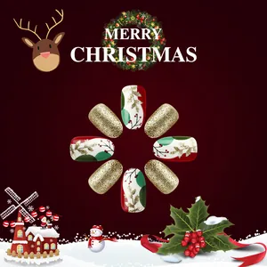 Short glossy French Christmas press-on nails with red green patterns and gold glitter
