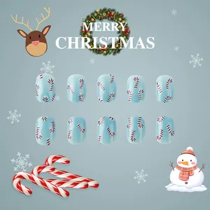 Short square light blue press-on nails featuring hand-painted Christmas candy cane patterns