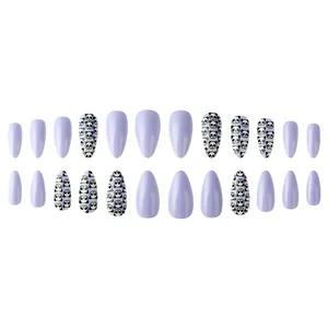 Detail view of 24pcs almond press-on nails in light purple with cute panda prints