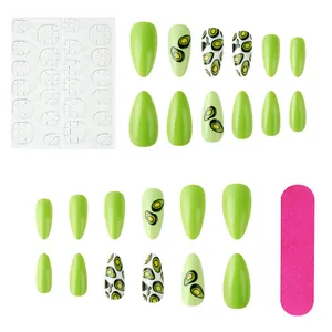 Short avocado print fake nails set with jelly glue stickers and pink nail file