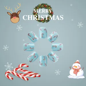Short square blue press-on nails with Christmas candy cane patterns and holiday decor