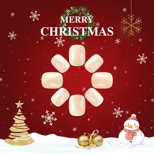 Short nude Christmas false nails with white snowflake patterns and festive red background