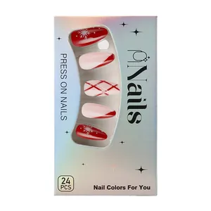 Short glossy French Christmas press-on nails with red white snowflakes and glitter