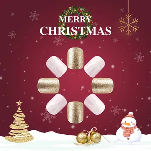 Short glossy Christmas press-on nails with gold glitter and white bow ribbon designs