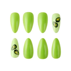 Glossy avocado green short almond press-on nails with cute fruit pattern, 24 pieces set
