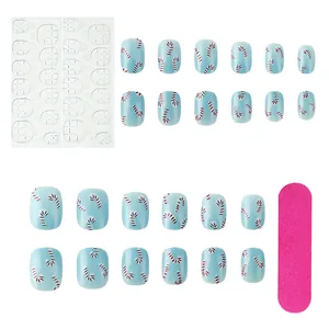 Short square blue Christmas press-on nails with candy cane patterns and nail glue stickers