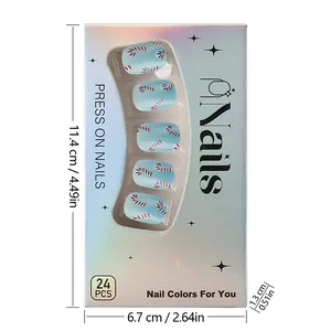 Short square blue Christmas press-on nails with candy cane stripes and box dimensions