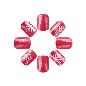 Short glossy square nails with pink glitter and white snowflake festive Christmas design