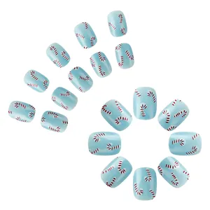 Short square light blue Christmas press-on nails with candy cane patterns, 24 piece set