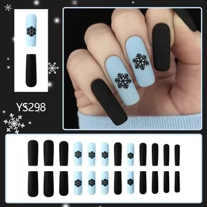 Long matte coffin press-on nails set with snowflake patterns for Christmas season