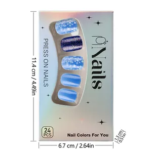 Short square press-on nails set with blue snowflake patterns and purple glitter pieces