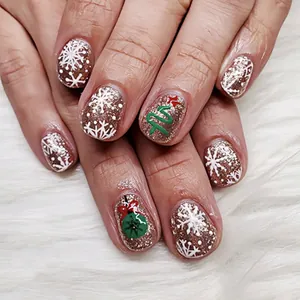 Faux Ongles à Coller Noël Carré Court Paillettes Or Avec Motifs Flocons De Neige Et Sapin De Noël Pour Femmes