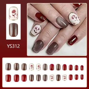 Short square glossy press-on nails set with red roses and brown cat eye effect YS312